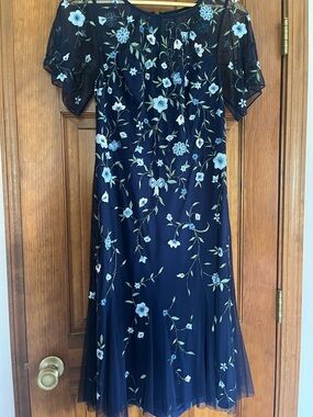 Navy Embroidered Floral  Dress with Blue Flowers